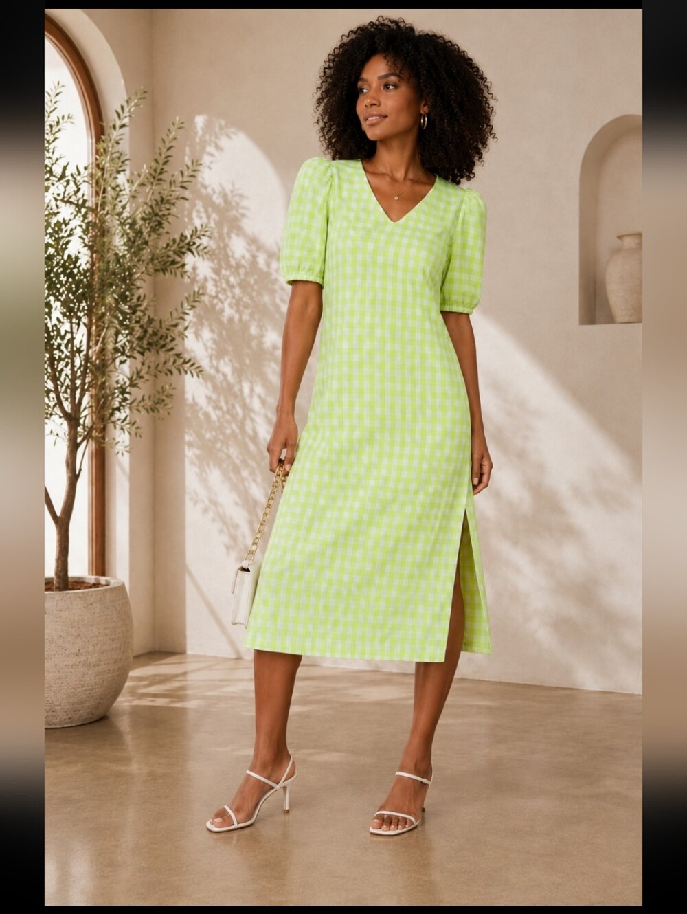 Halogen V-Neck Puff Sleeve Gingham‎ Midi Dress in Lime Green
